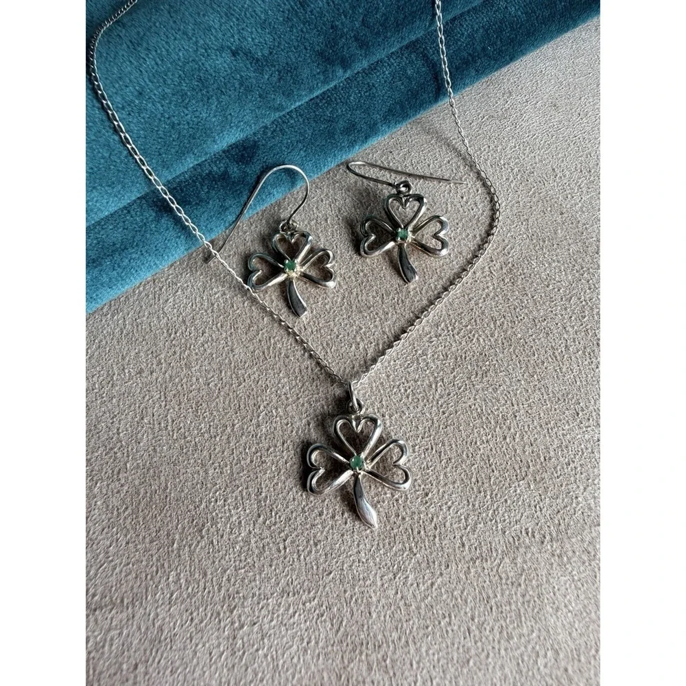 Sterling Silver Shamrock Heart Necklace & Earrings Set Green Accents